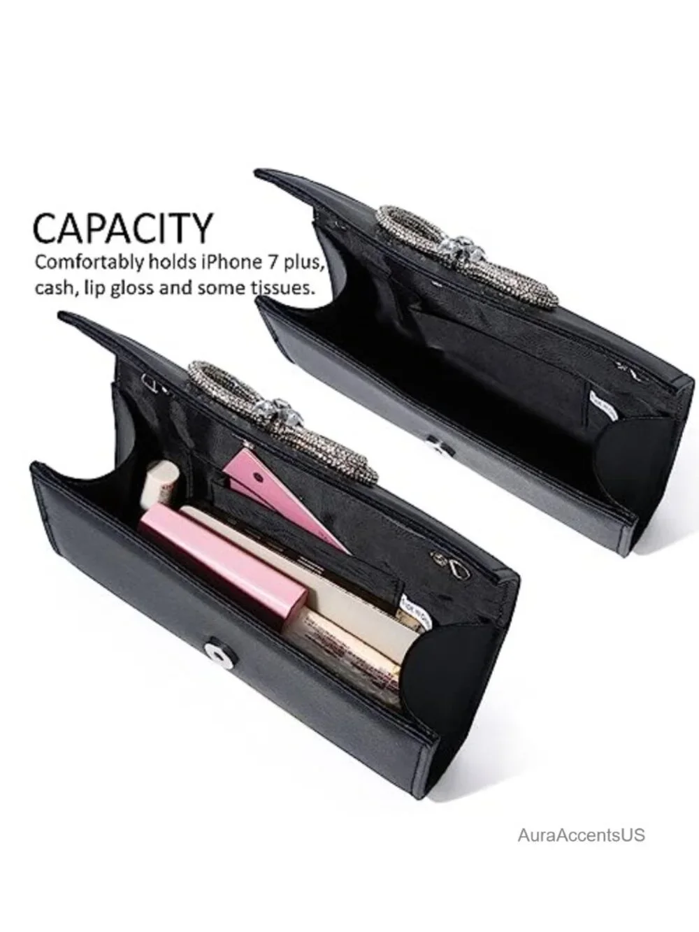 Shiny Crystal Bow Flap Clutch Evening Purse with Chain Strap